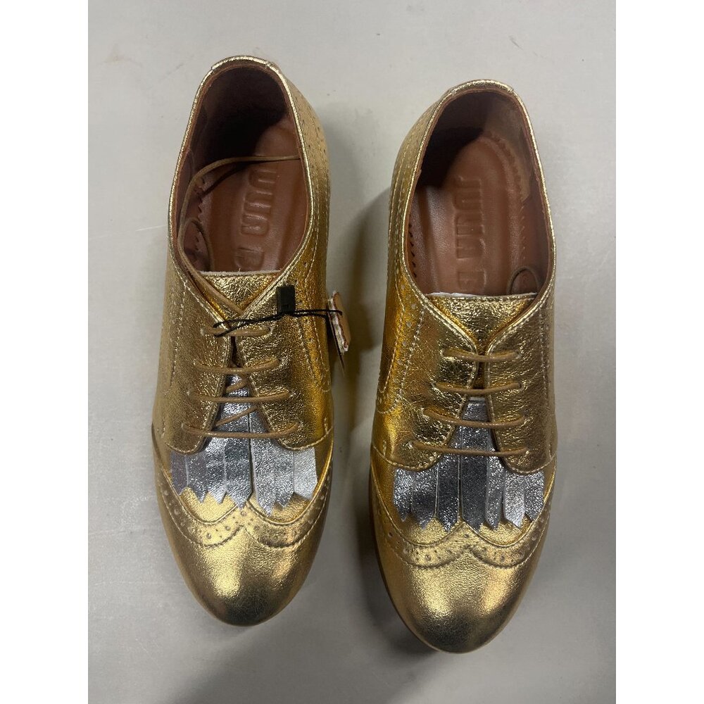 Women's Derby Shoes, Gold Lace-up shoes with a fringe, EU 37/US 6.5